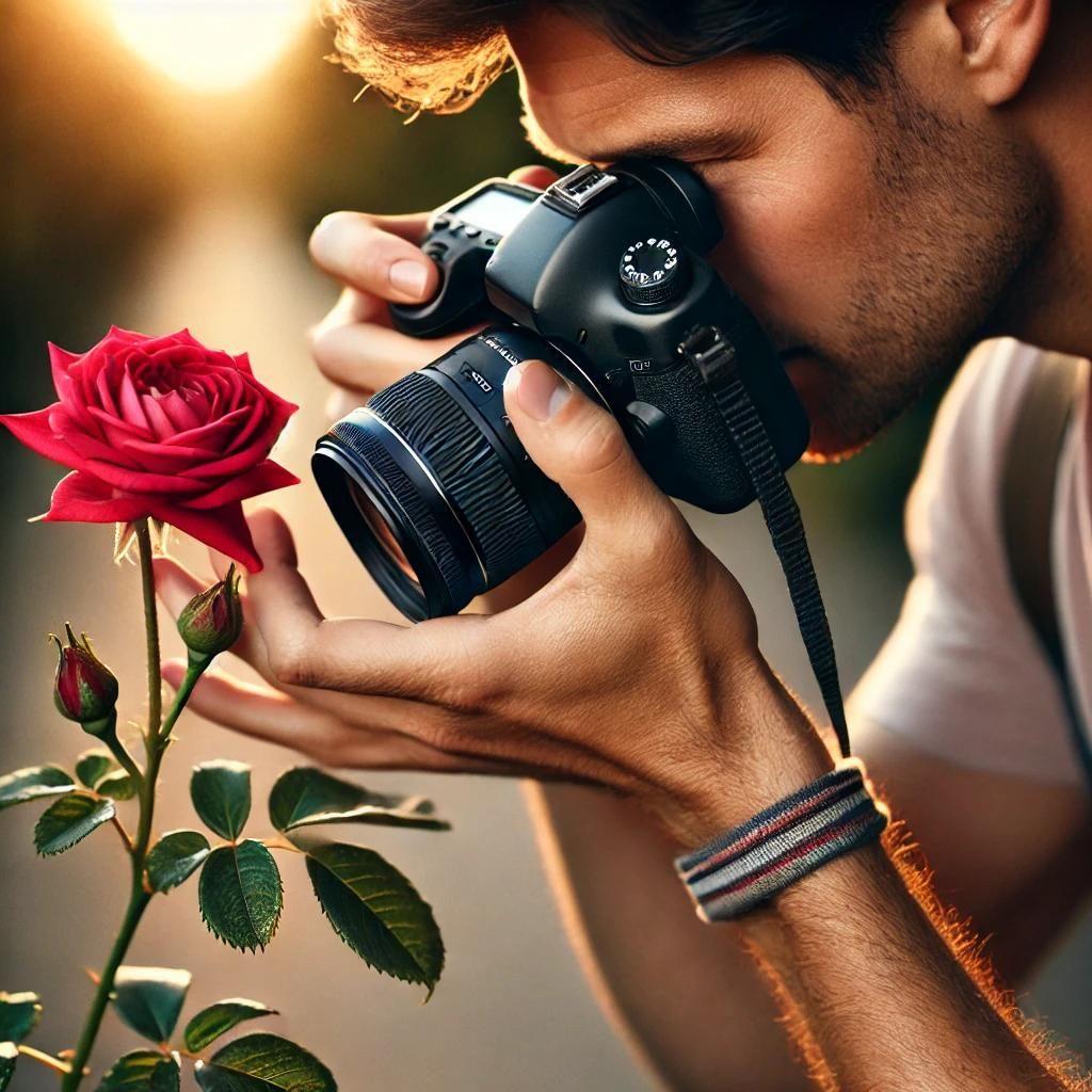 Person photographing a red rose with a DSLR camera in natural light.